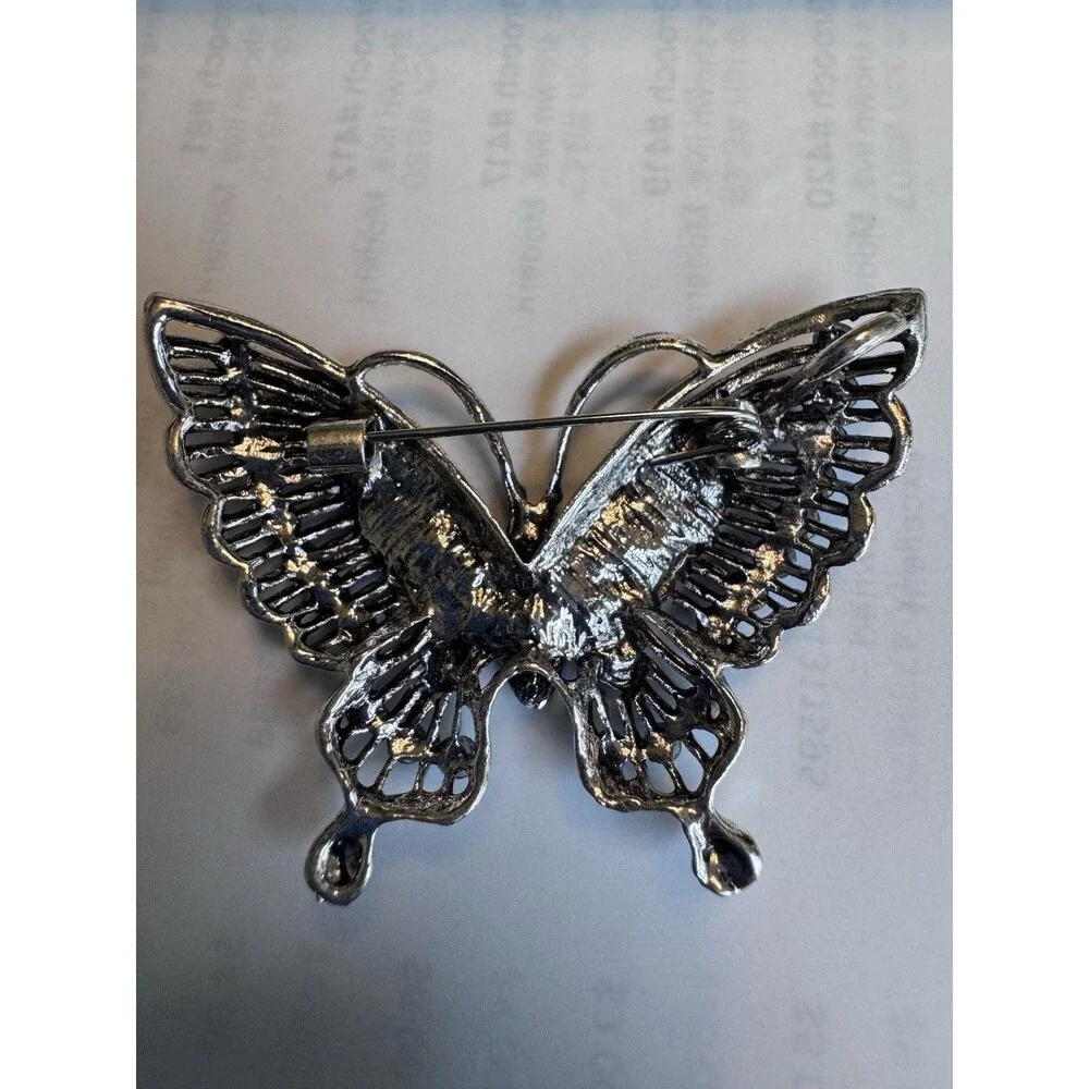 Vintage‎ Style Blue AB Rhinestone Butterfly Brooch Pin Gunmetal Silver Tone 2”